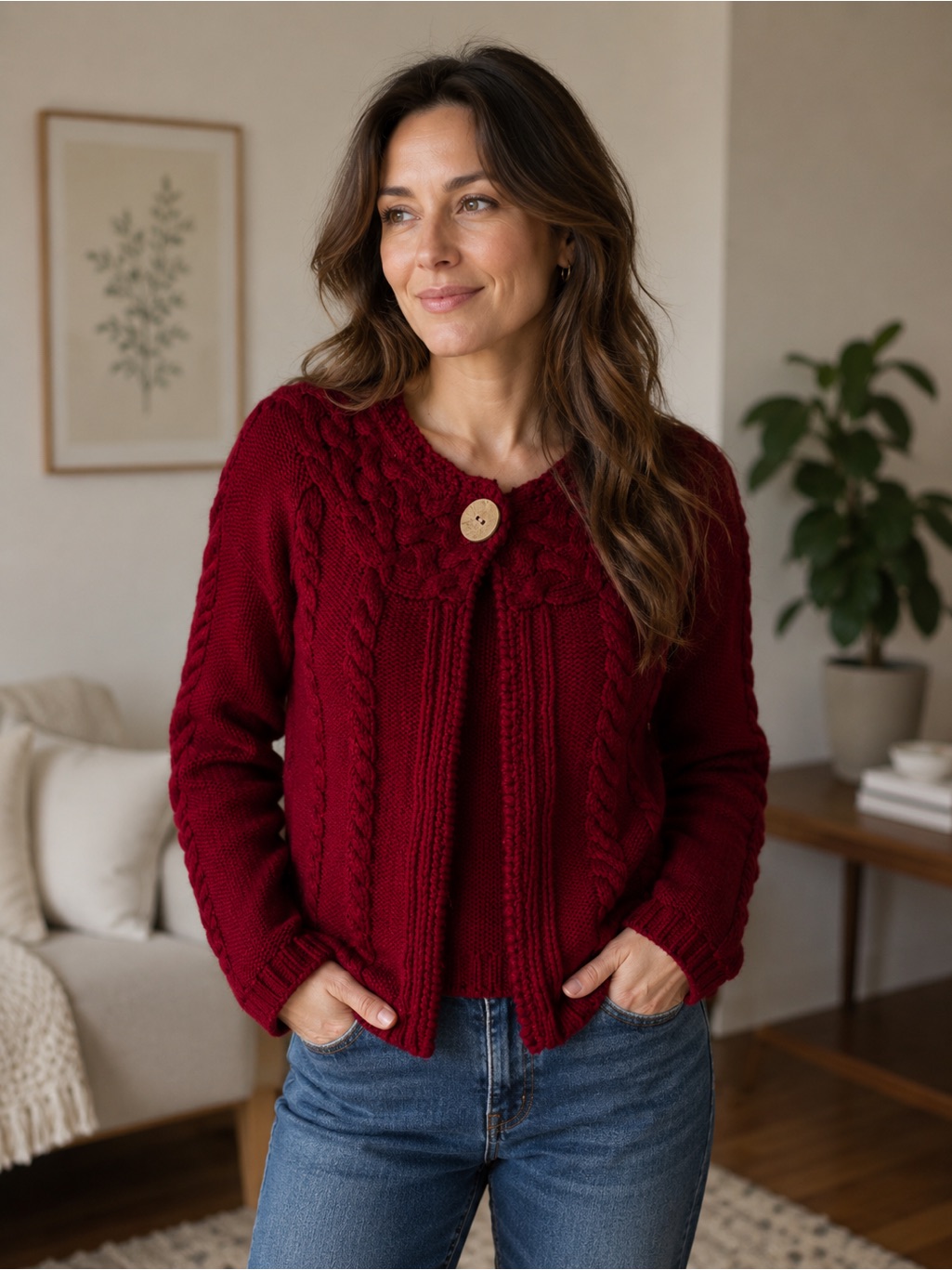 Onea Cable Knit Cardigan Sweater Dark Red Wood Button Cozy Cottagecore S
